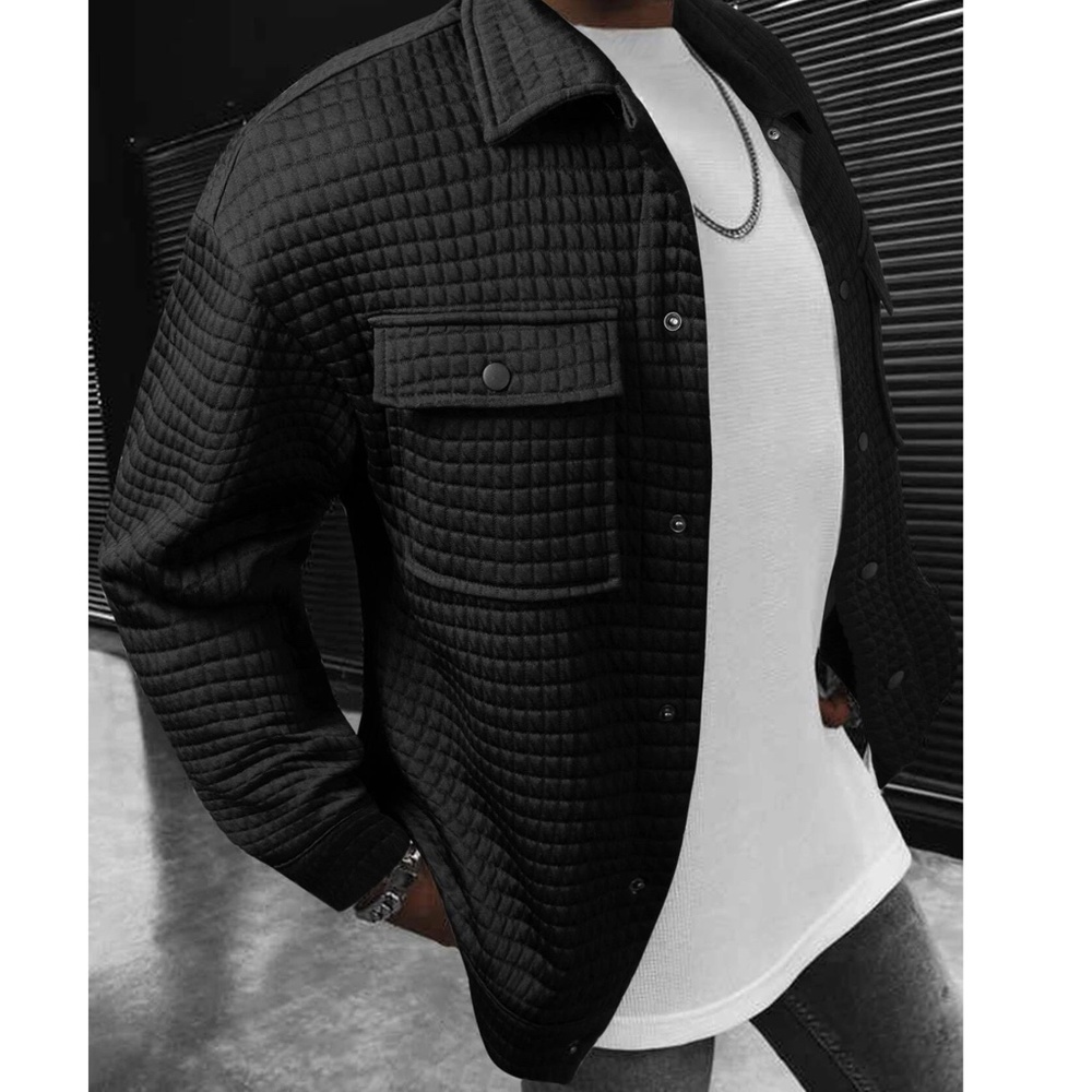 Black Quilted Look Button Down Jacket